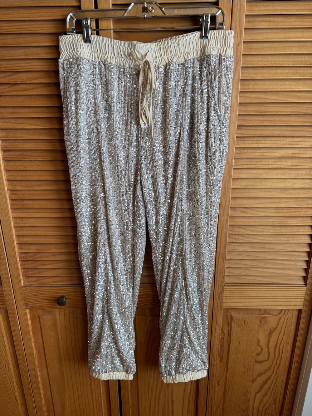 Style Rack Champagne Sequin Joggers with Drawstring Waist